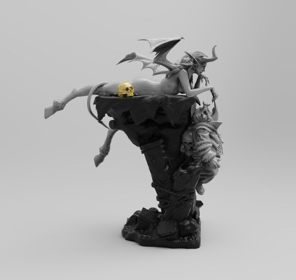 H012 - Female Character design, The Succubus With Dwarf Statue, STL 3D model design print download files