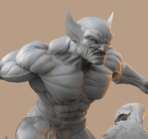 H047 - Comic Character design, The Wolfverin statue with two wolf, STL 3D model design printable download files
