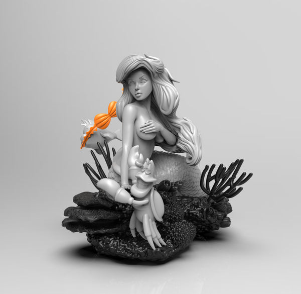 E075 - NSFW Cartoon character design, The little mermaid with fish statue, STl 3D model design print download files