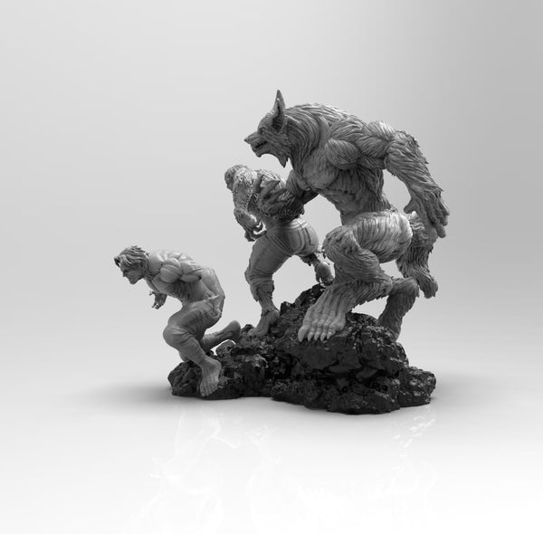 E317 - Comic character design statue, The Transformation of Werewolf Statue, STL 3D model design print downlaod files