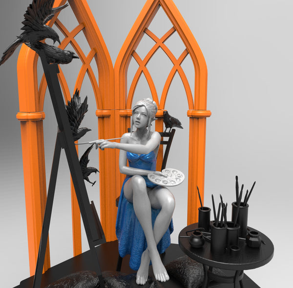 E395 - Female character design, The Ghost ice women drawing diorama, STL 3D model design print download files